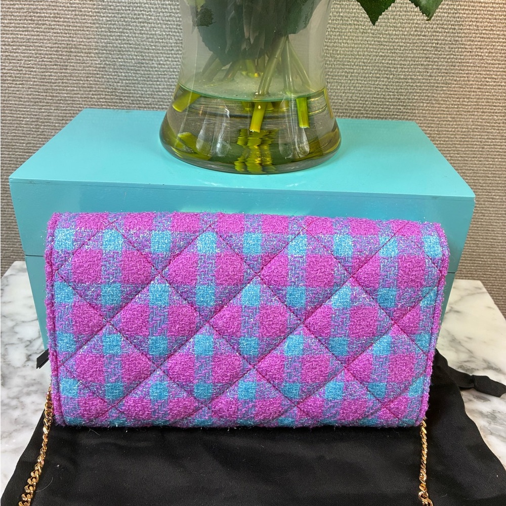 NWT Authentic Versace Pink Purple Blue Wool Tweed Checkered WOC Wallet On Chain - Picture 5 of 11